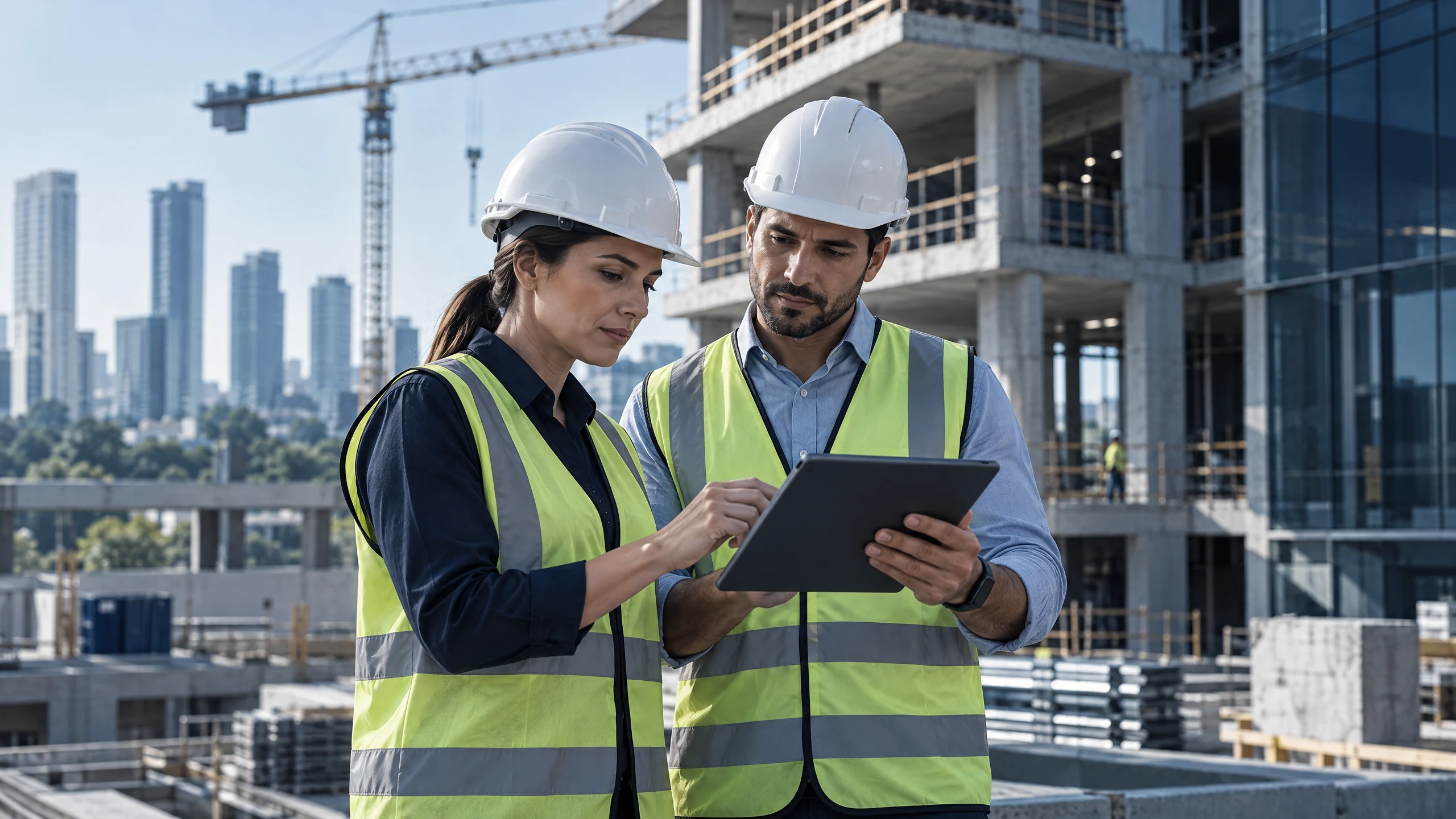 Engenheira e engenheiro analisam um projeto com tablet em uma obra em construção.